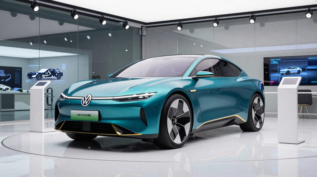 Automóvel elétrico Volkswagen futurista azul exibido em showroom moderno e iluminado.