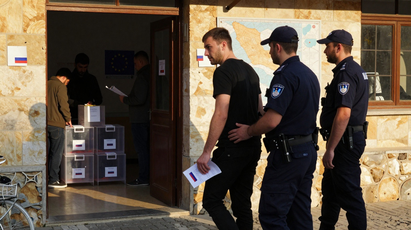 Homem escoltado por dois polícias em frente a um edifício com urnas de votação visíveis no interior.