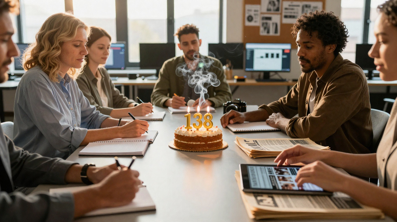 Grupo de pessoas numa reunião de trabalho com bolo de aniversário e velas numeradas 138 na mesa.