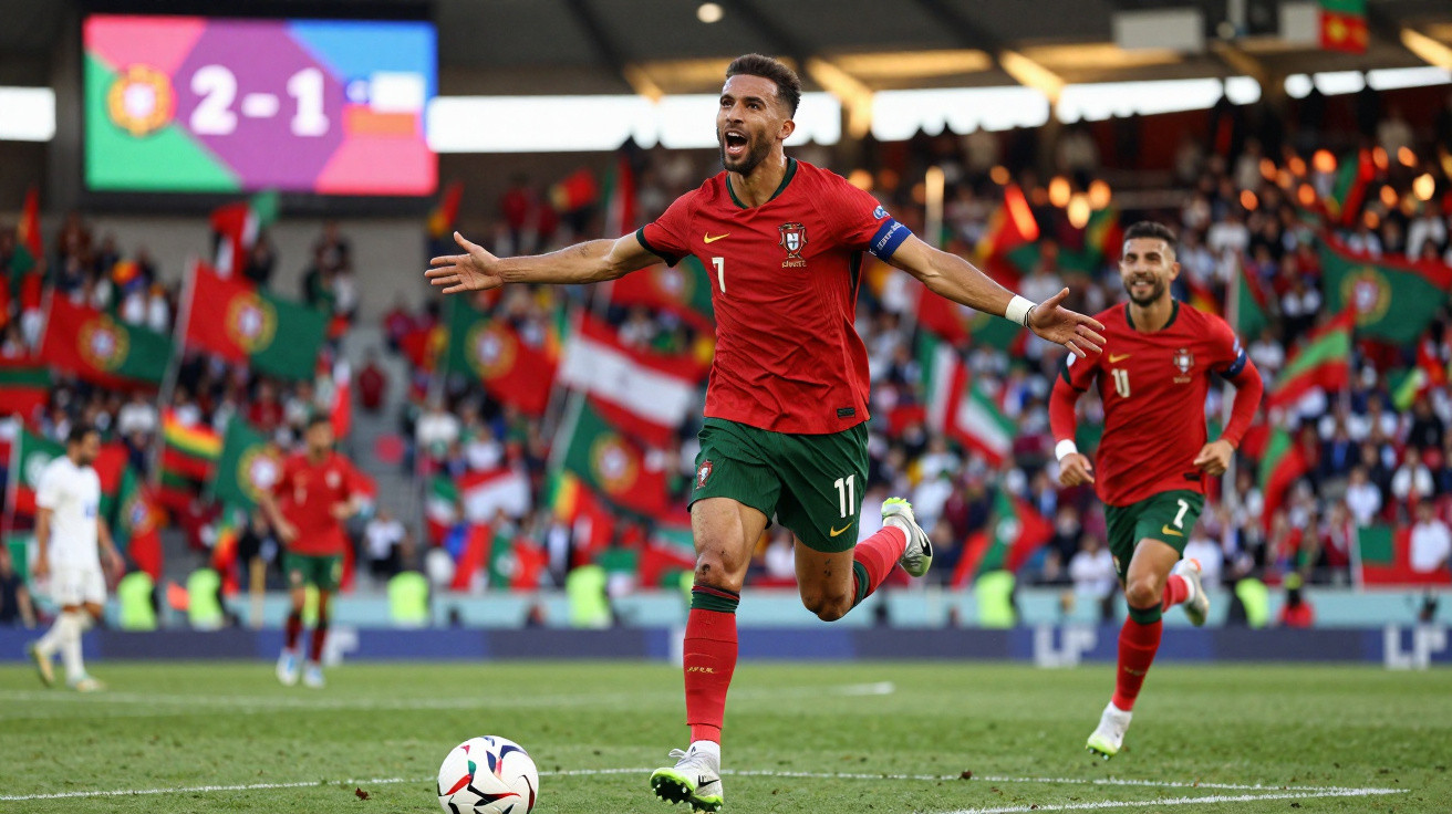 Jogador da seleção portuguesa celebra golo durante jogo com bandeiras e público no estádio ao fundo.