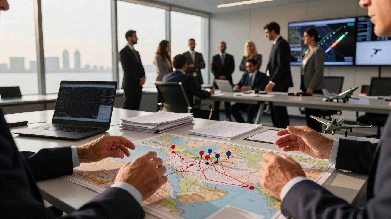Reunião de equipa em escritório com mapa marcado com pins e rota, laptops e modelos de avião sobre a mesa.