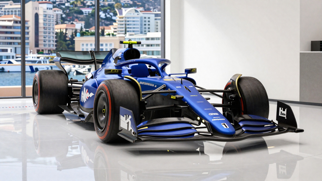 Carro de Fórmula 1 azul num salão com chão brilhante e vista para edifícios urbanos junto à água.