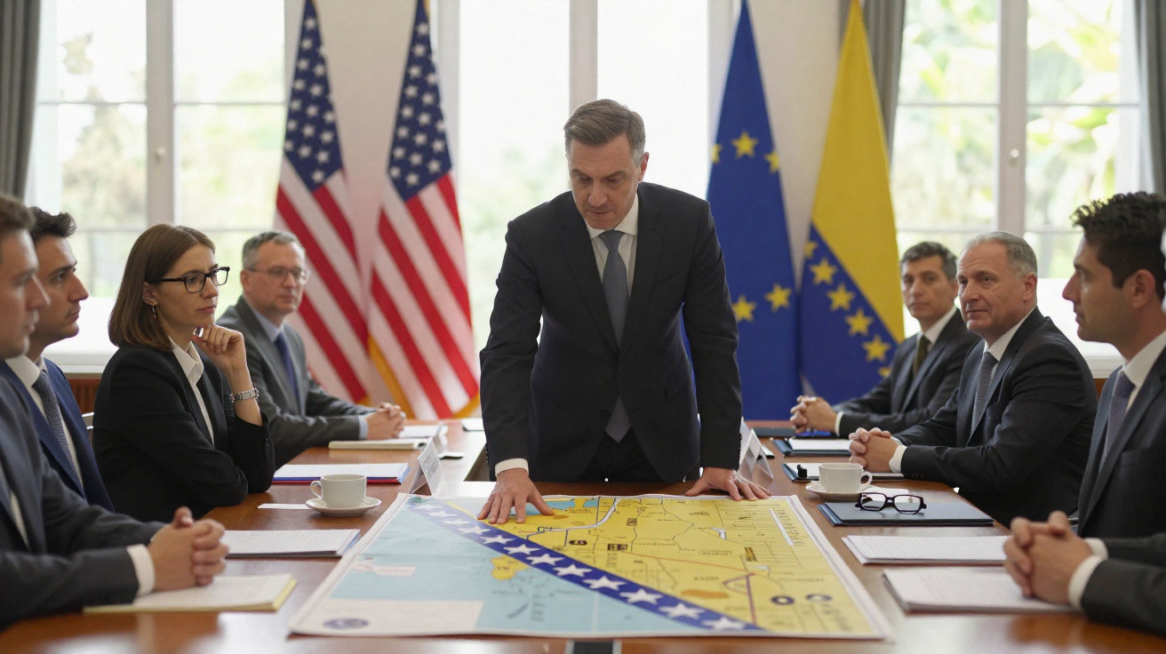 Grupo de políticos em reunião a analisar mapa, com bandeiras dos EUA, UE e Bósnia ao fundo.