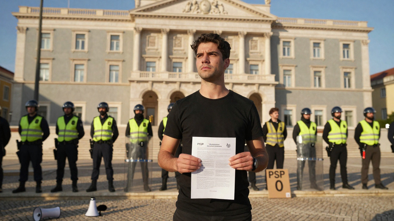 Homem segurando documento com polícia alinhada em frente a edifício clássico ao fundo.