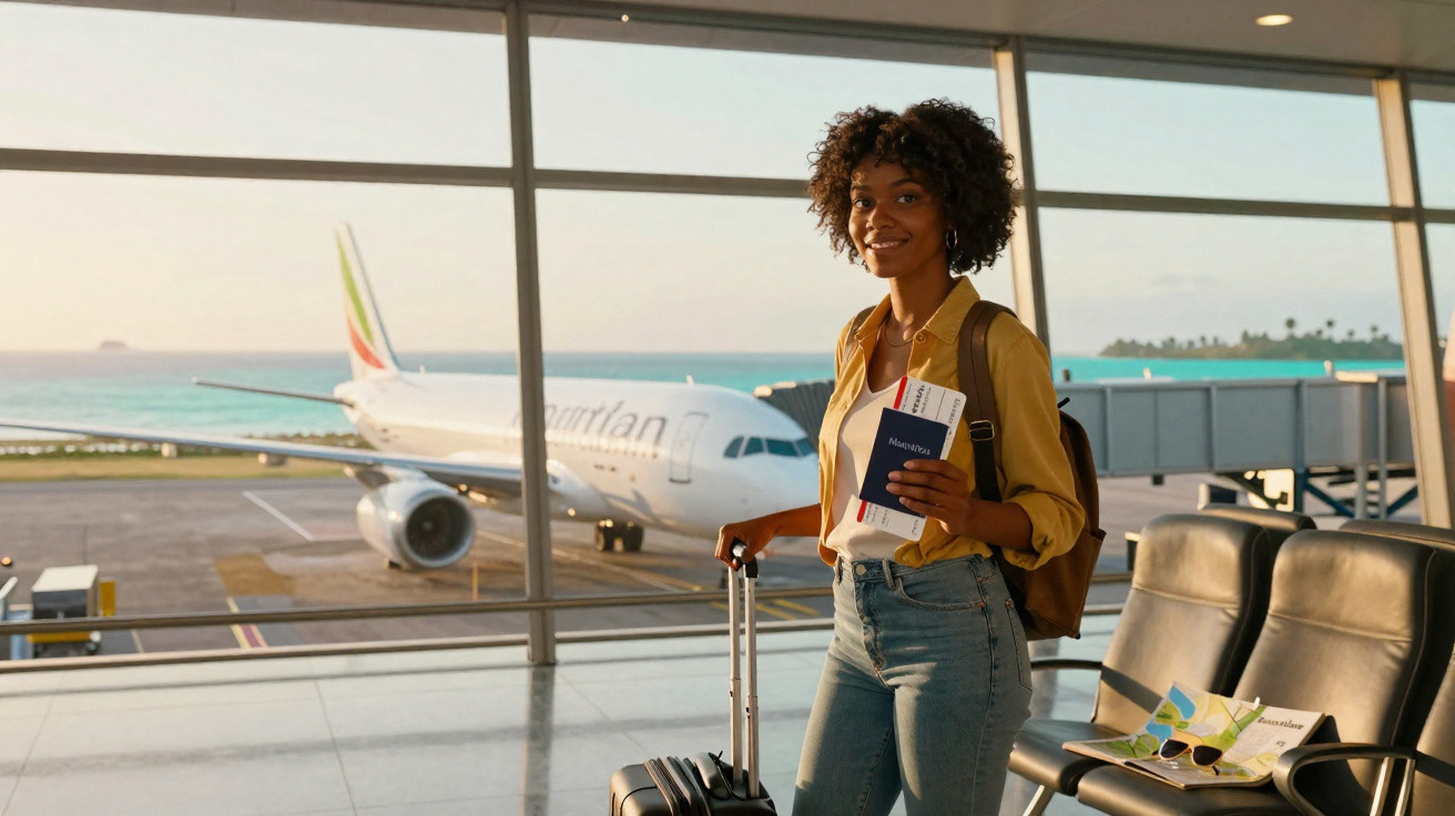 Mulher sorridente com mochila e bagagem segura passaporte e cartão de embarque no aeroporto.