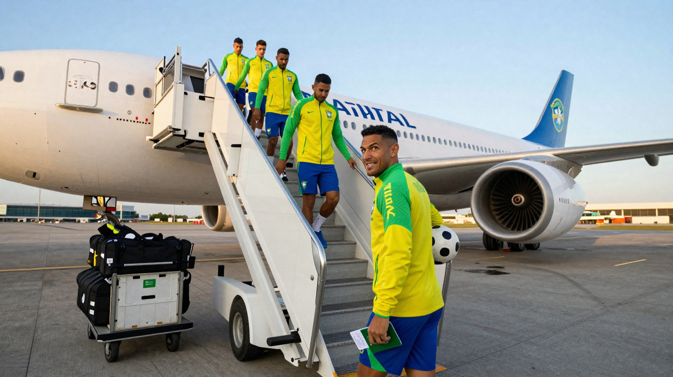 Jogadores de futebol da seleção brasileira descem escada de avião no aeroporto segurando uma bola.