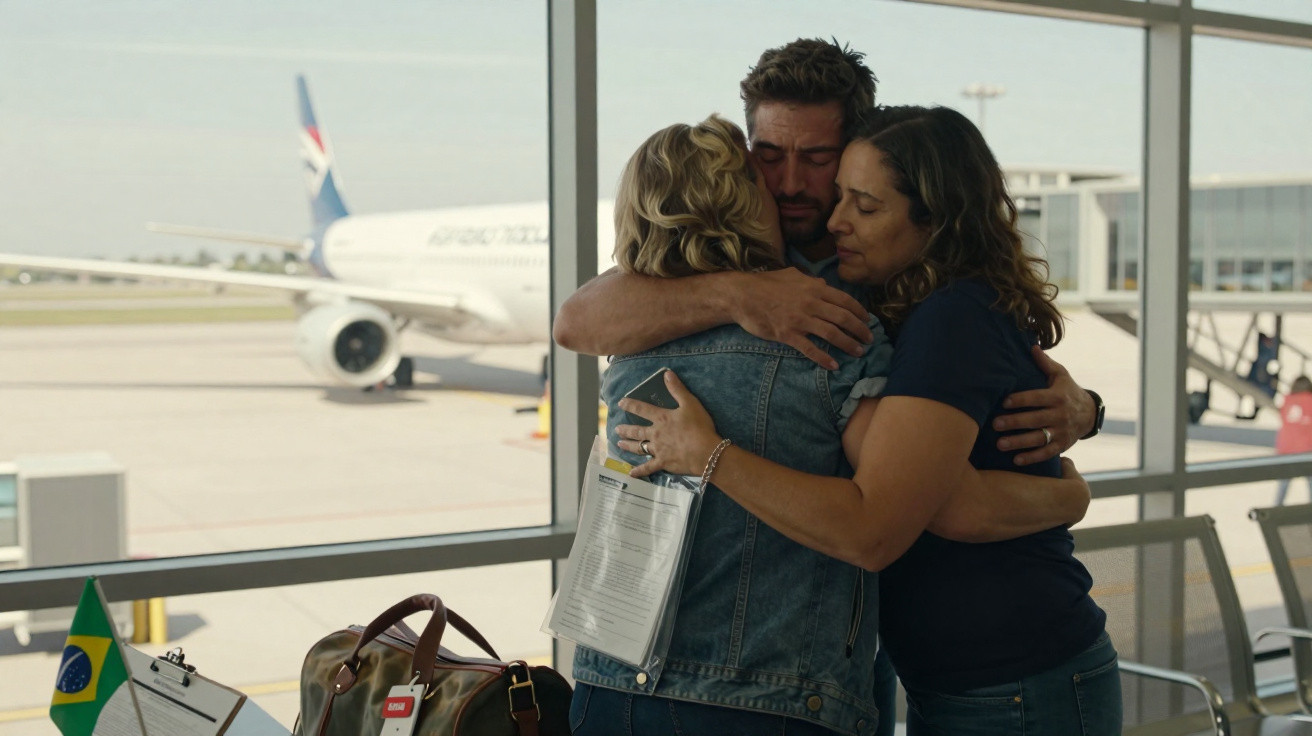 Três pessoas abraçam-se emocionadas numa sala de aeroporto com avião ao fundo.