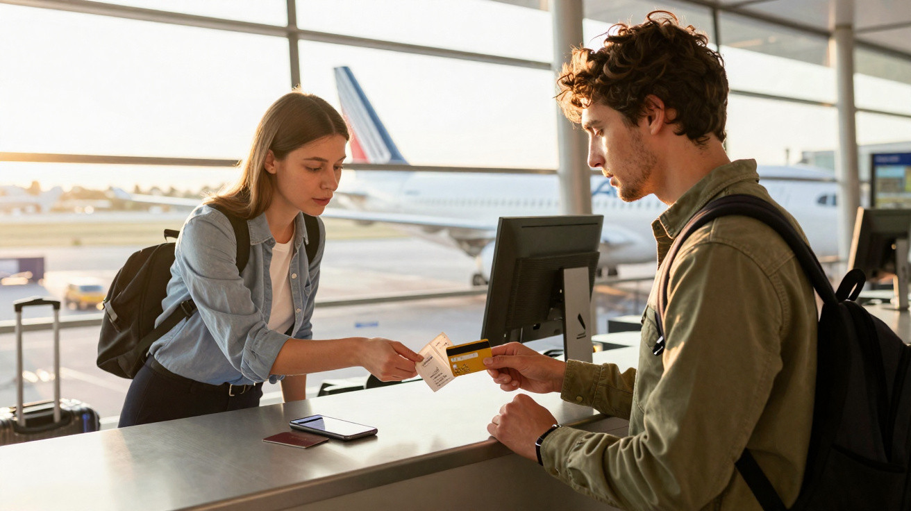 Jovem com mochila entrega cartão e documento a funcionária no balcão do aeroporto com avião ao fundo.