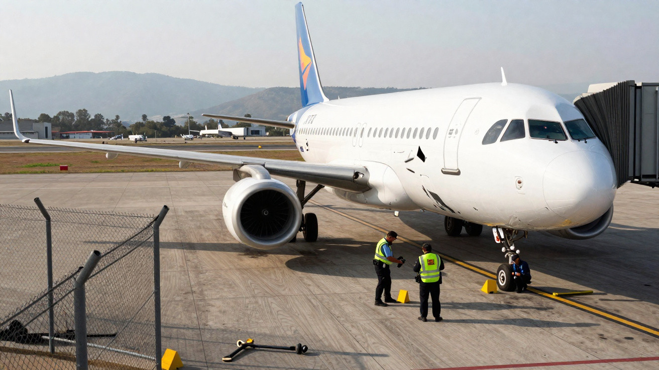 Avião branco estacionado em aeroporto com dois trabalhadores em coletes refletores junto à entrada da ponte de embarque.