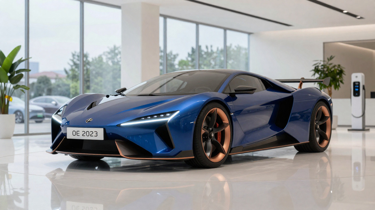 Carro desportivo elétrico azul com detalhes em cobre, exibido em salão moderno com janelas amplas.