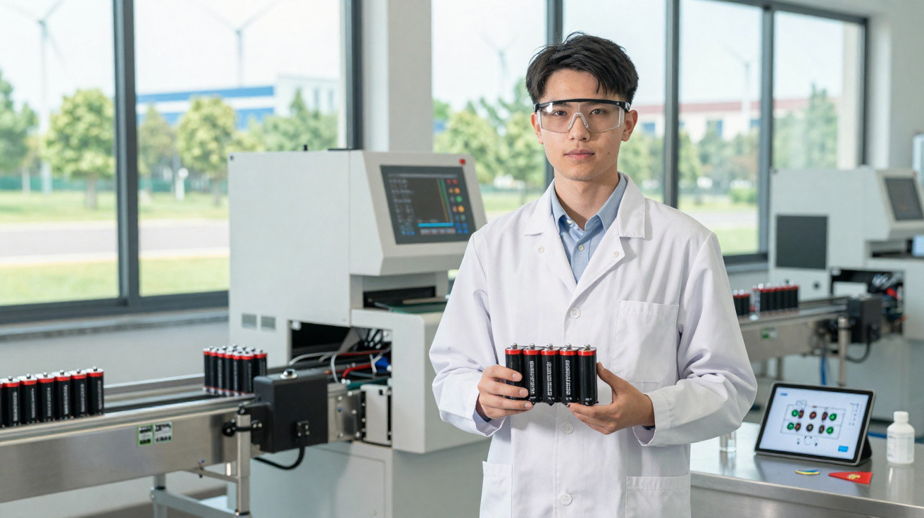 Cientista em laboratório segurando pacotes de pilhas, com máquinas e ecrãs ao fundo.