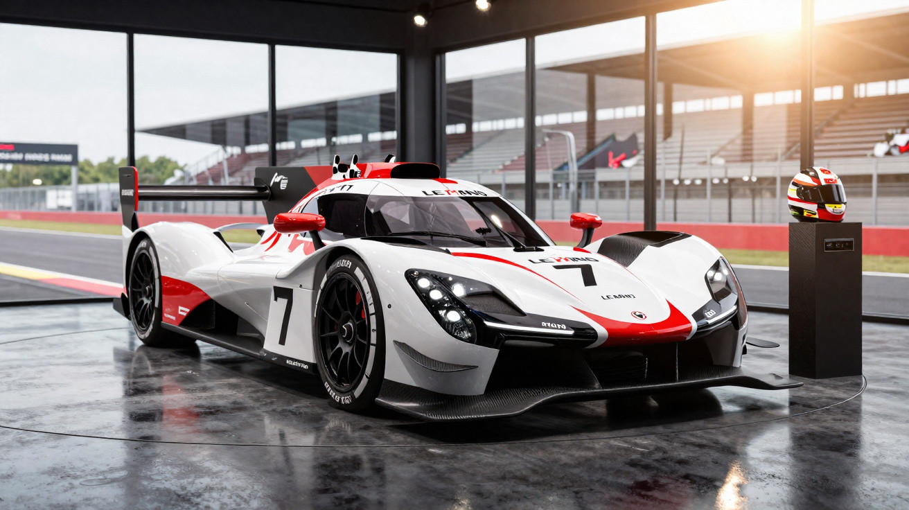 Carro de corrida branco e vermelho com o número 7 numa boxe de pista coberta com capacete exposto.