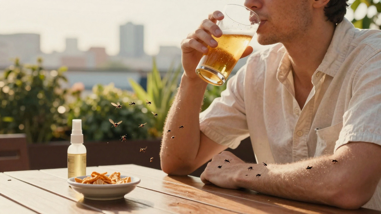 Homem bebendo cerveja ao ar livre com várias moscas e insetos à sua volta numa mesa de madeira.