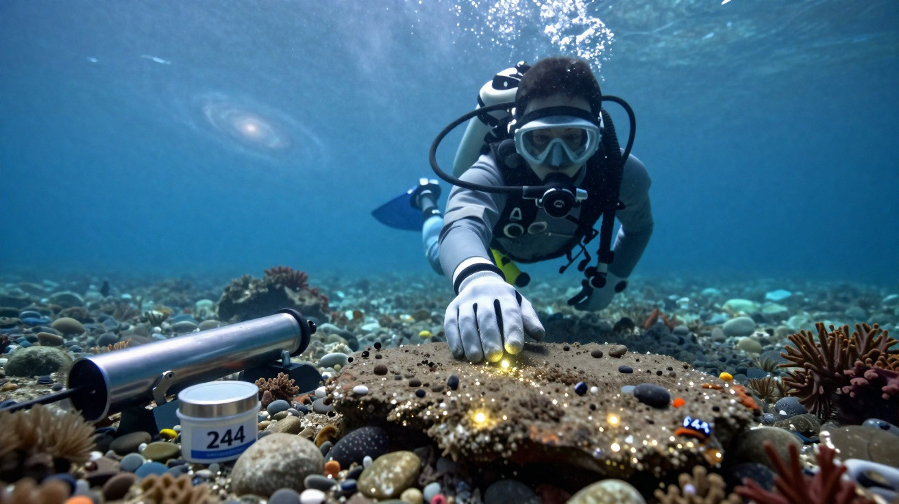 Mergulhador explora fundo marinho com rochedo iluminado e equipamento de pesquisa subaquática.
