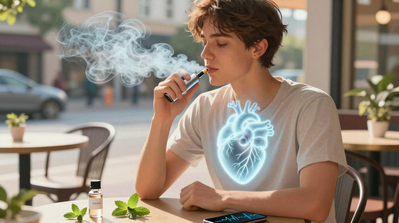 Jovem sentado a vaporizar com representação digital de um coração no peito, numa esplanada urbana.