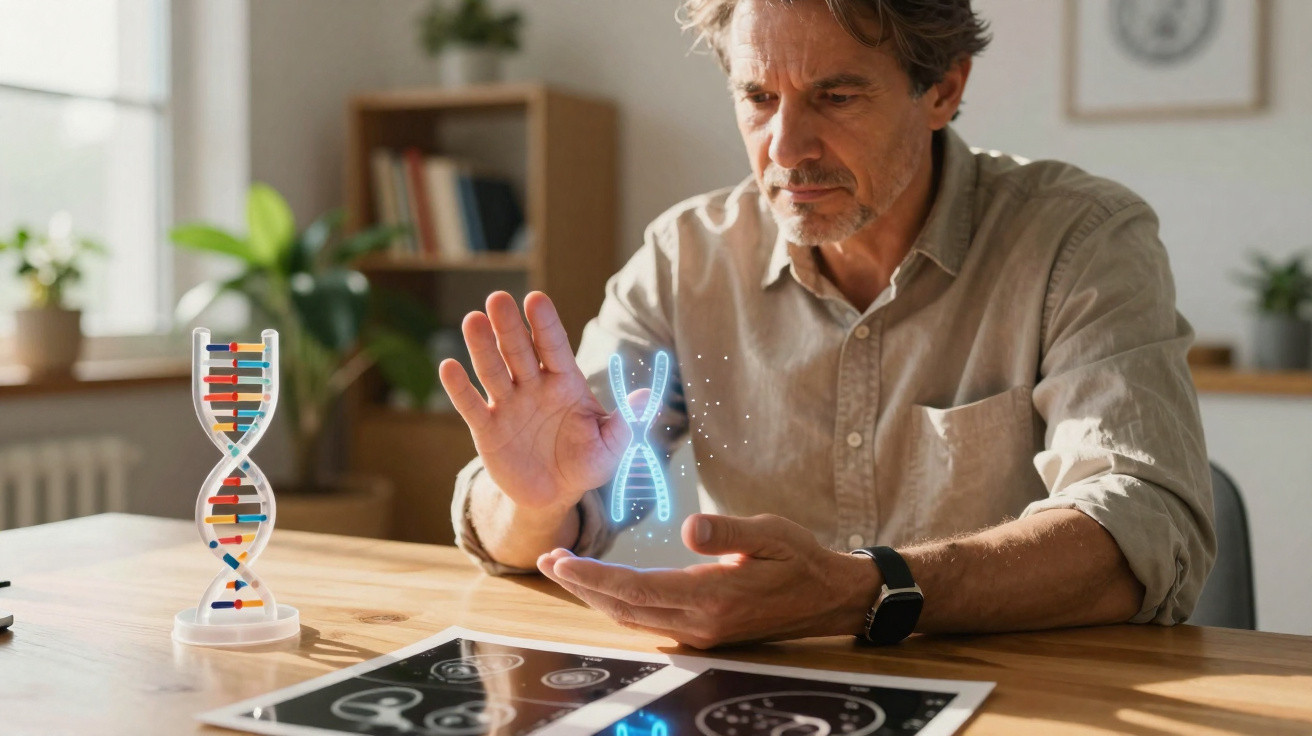 Homem a analisar holograma de dupla hélice de ADN com modelo de ADN e tablets à sua frente.