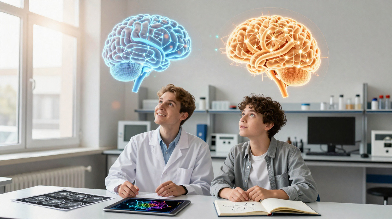 Dois jovens numa sala de ciência a estudar cérebros virtuais flutuantes, com equipamento tecnológico à volta.