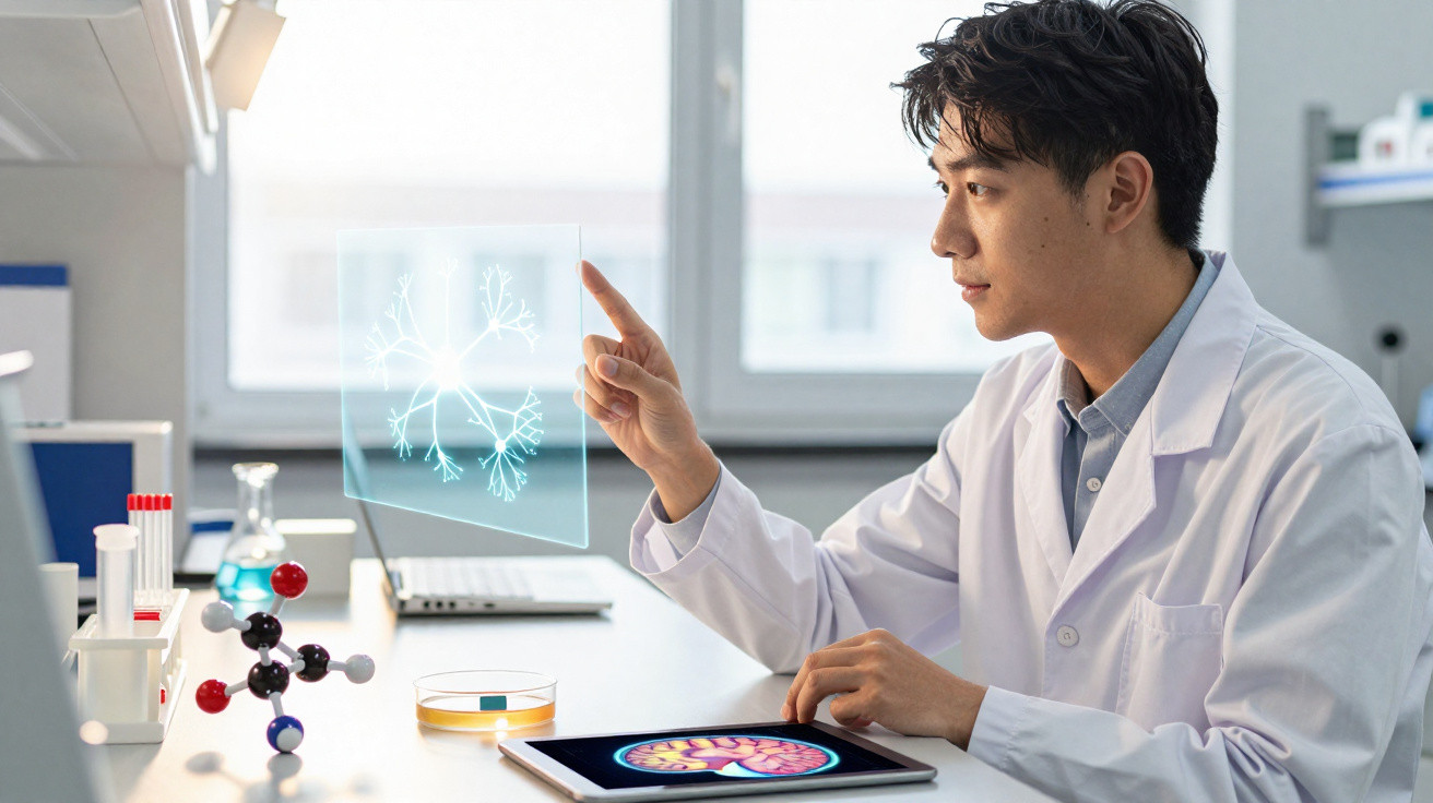 Cientista em laboratório a analisar neurónios projetados digitalmente e cérebro em tablet.