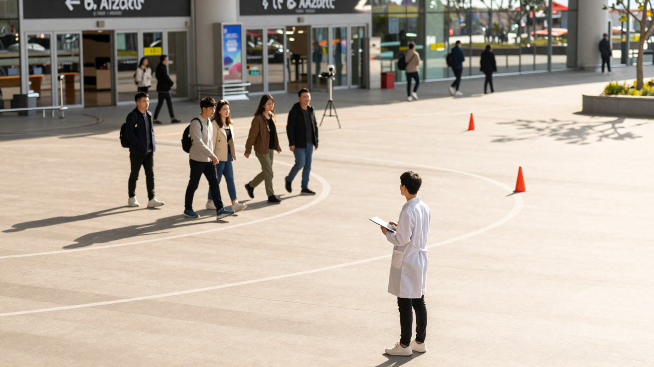 Grupo de cinco jovens a caminhar num espaço aberto, observados por pessoa com jaleco e tablet.