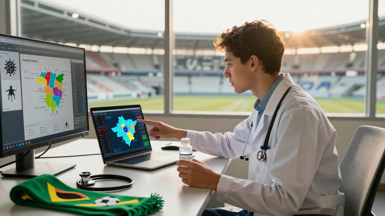 Médico em gabinete com estetoscópio analisa mapas de dados de saúde em dois ecrãs, com estádio ao fundo.