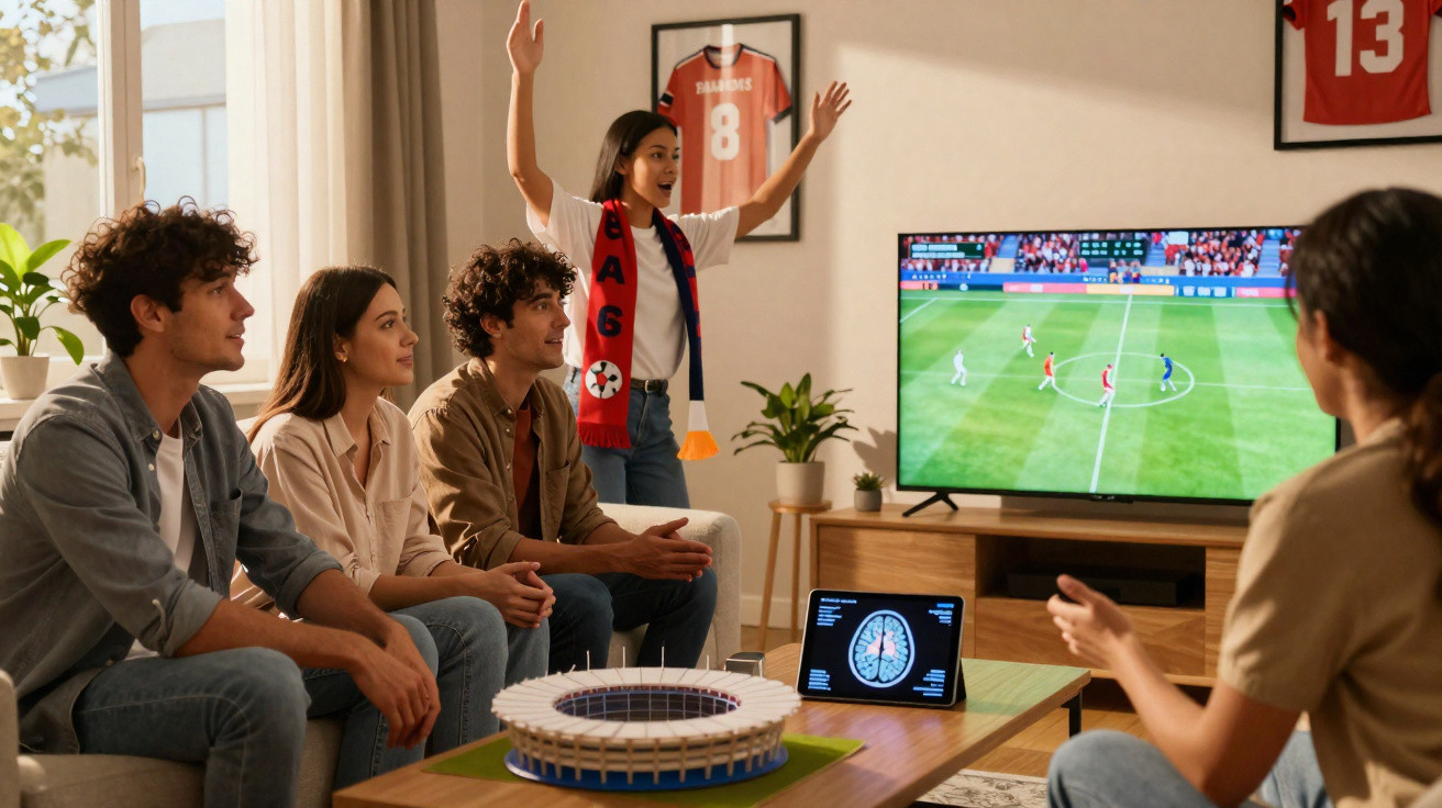 Grupo de amigos a assistir e torcer por jogo de futebol numa sala com camisolas e mini estádio.