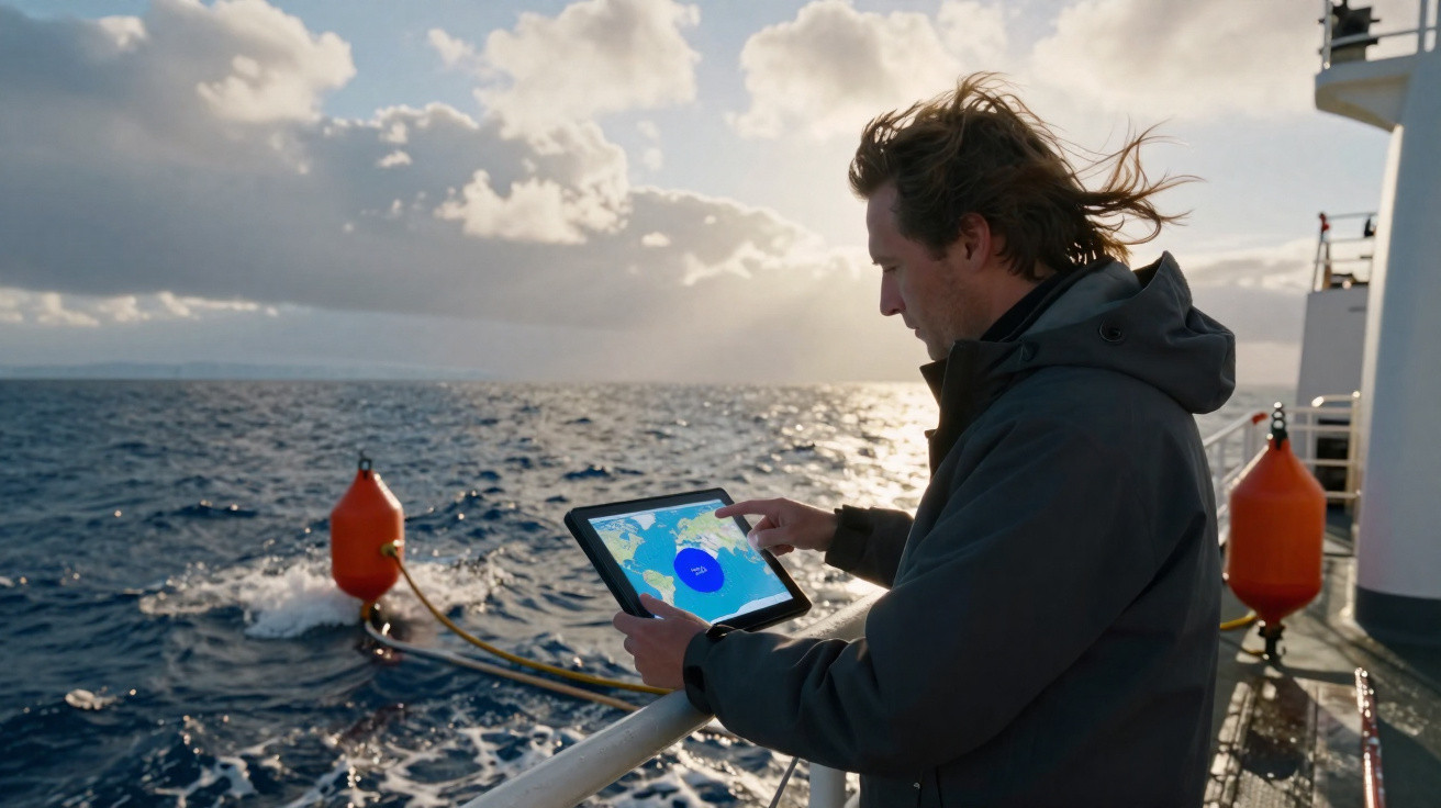 Homem junto ao mar num barco a analisar dados num tablet com boias laranja na água ao fundo.