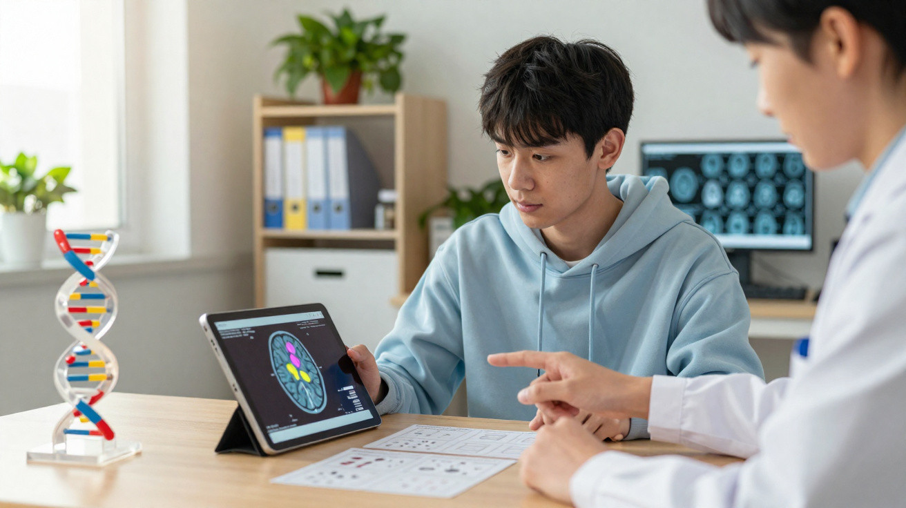 Jovem a analisar imagens cerebrais em tablet com médico numa consulta num ambiente clínico moderno.