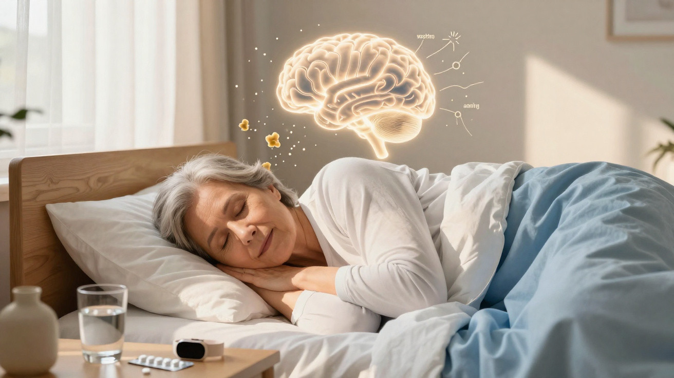 Mulher idosa a dormir tranquila na cama com ilustração luminosa de cérebro a flutuar acima dela.
