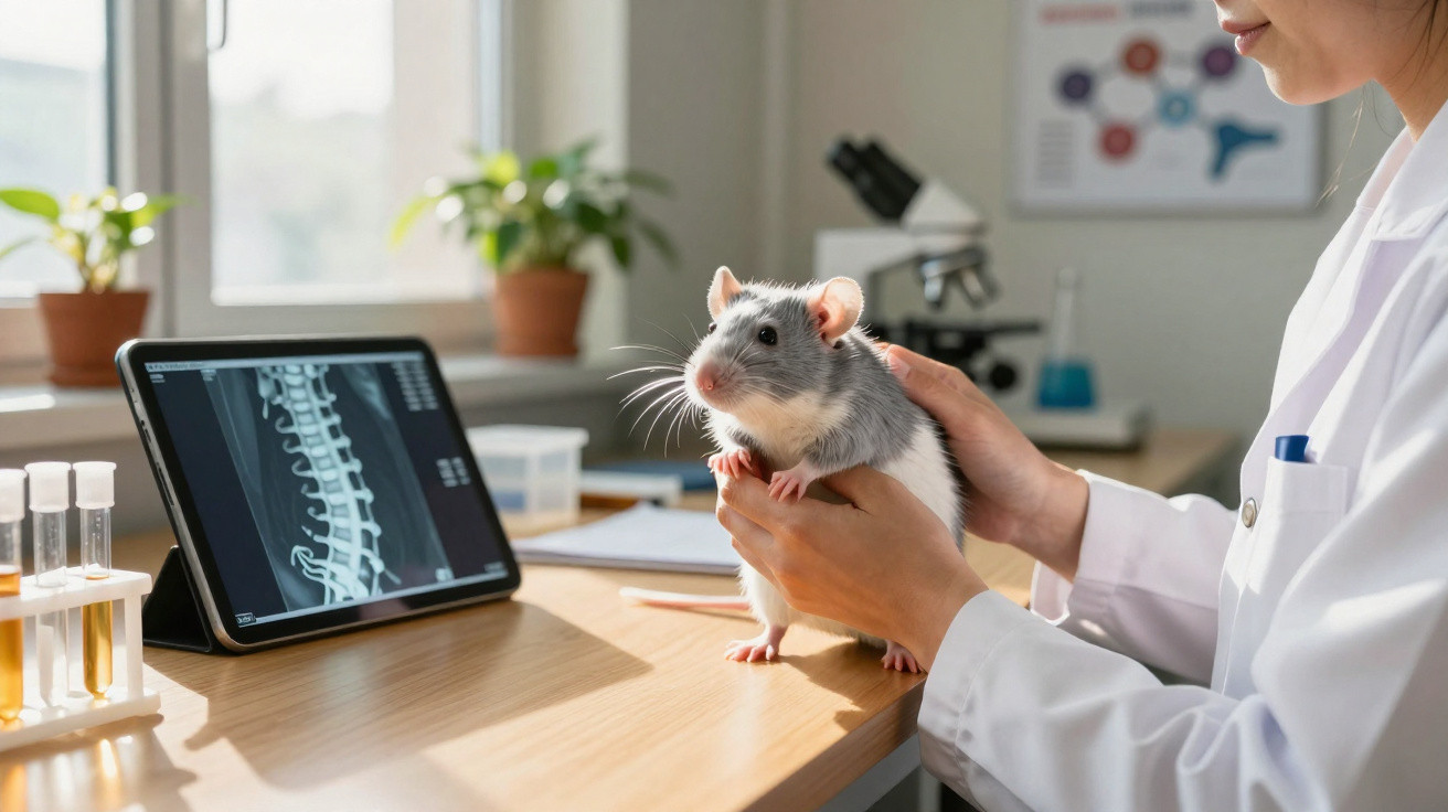 Investigadora de bata branca segura um rato cinzento num laboratório com raios-X da espinha no tablet.