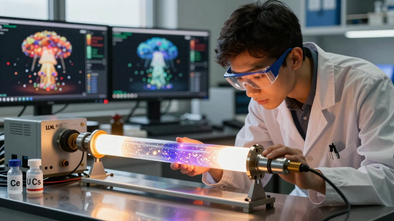 Cientista com bata e óculos de proteção observa tubo de vidro iluminado em laboratório tecnológico.