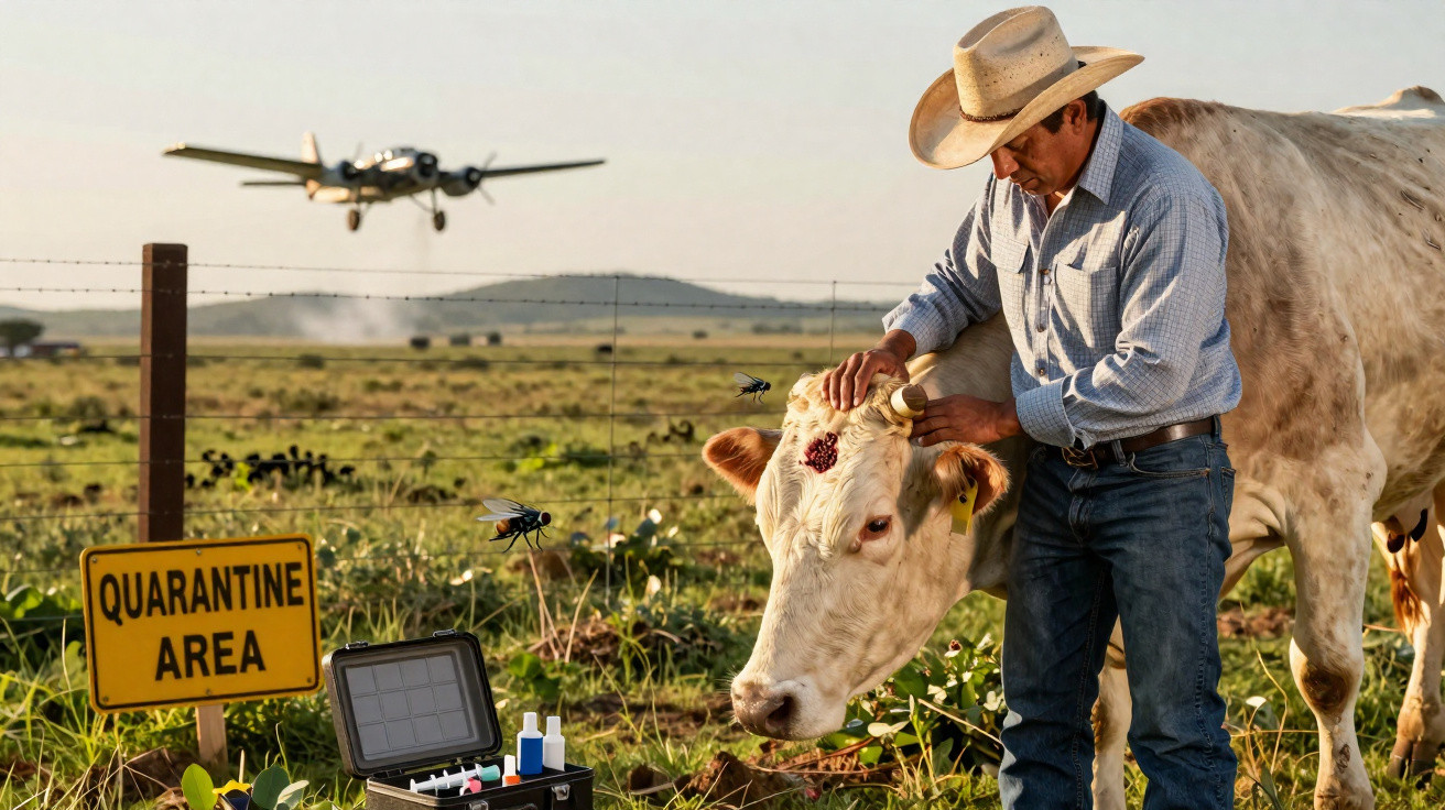 Homem com chapéu a tratar ferida na cabeça de vaca em área de quarentena com avião ao fundo.