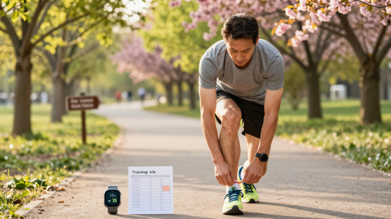 Homem a amarrar ténis num parque, com smartwatch e plano de treino visíveis no chão.
