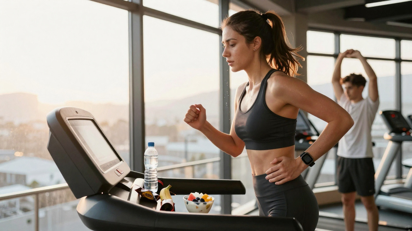 Mulher a correr numa passadeira numa sala de ginásio com janela grande e pessoa a alongar ao fundo.