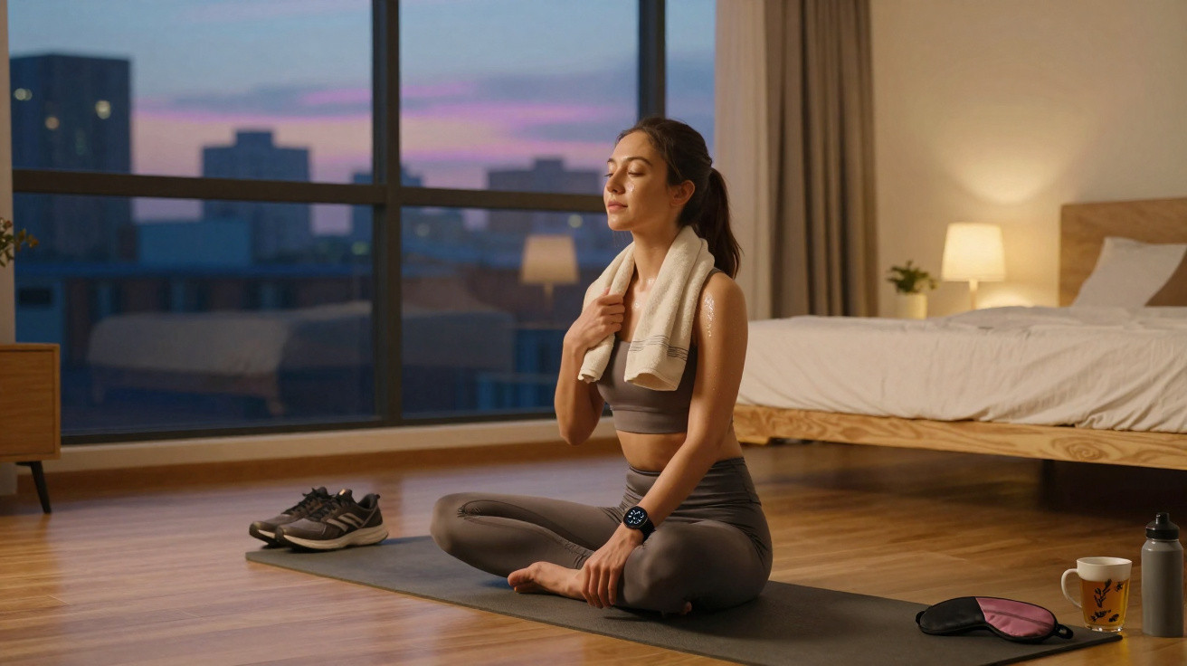 Mulher jovem sentada em posição de yoga numa sala, com toalha no pescoço e olhos fechados ao entardecer.
