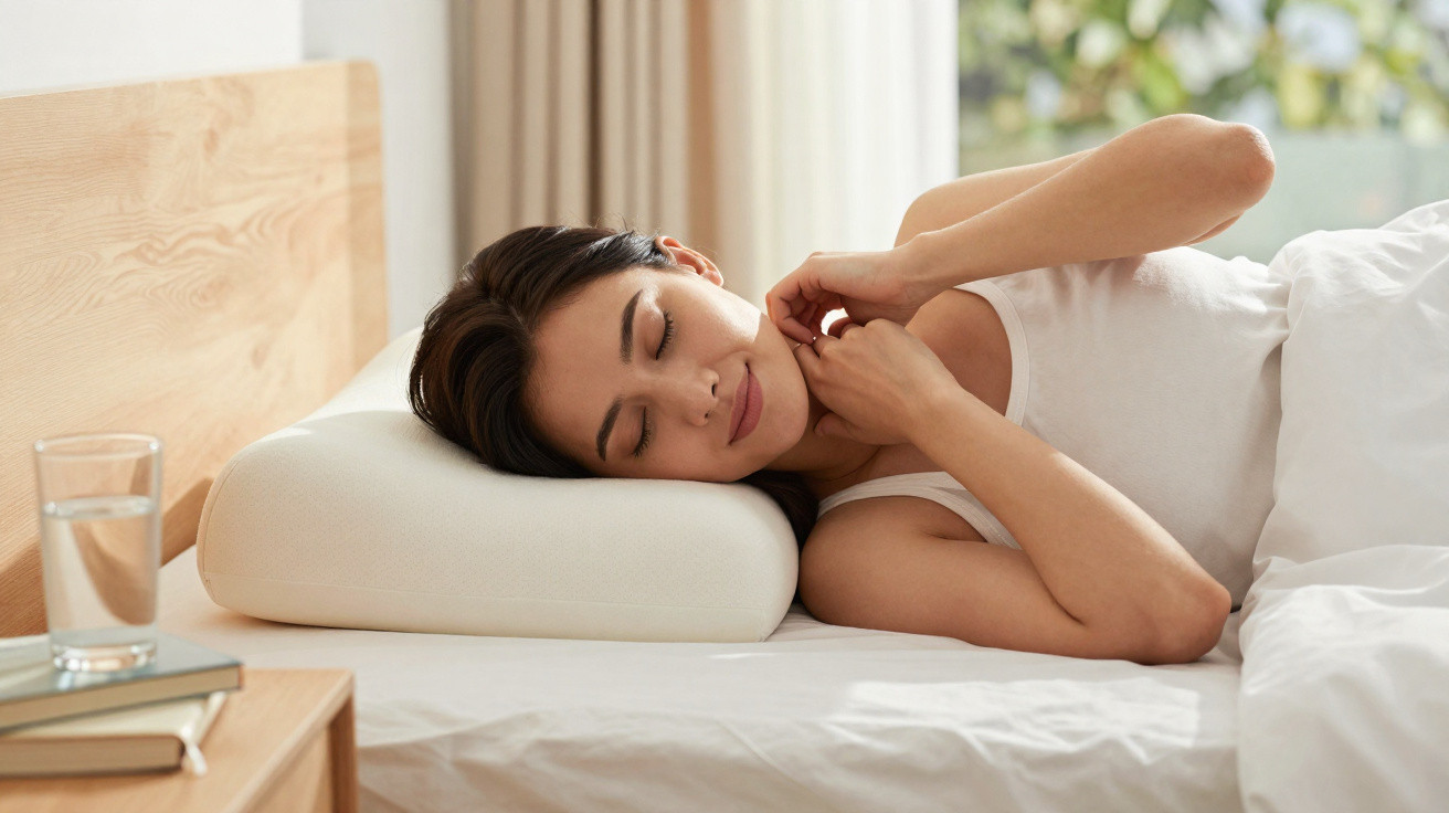Mulher a dormir de lado numa cama com almofada ergonómica, ambiente claro e tranquilo.