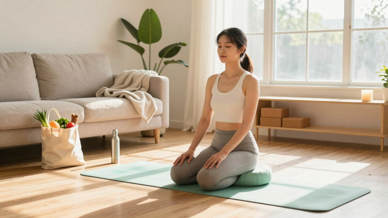 Mulher a meditar sentada de joelhos em tapete de yoga numa sala iluminada e minimalista.