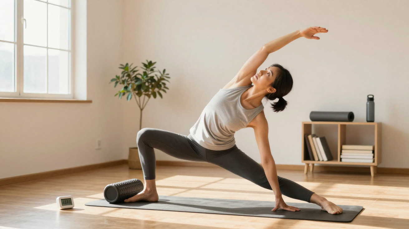 Mulher jovem a fazer alongamento de yoga numa sala iluminada com tapete e acessórios ao fundo.