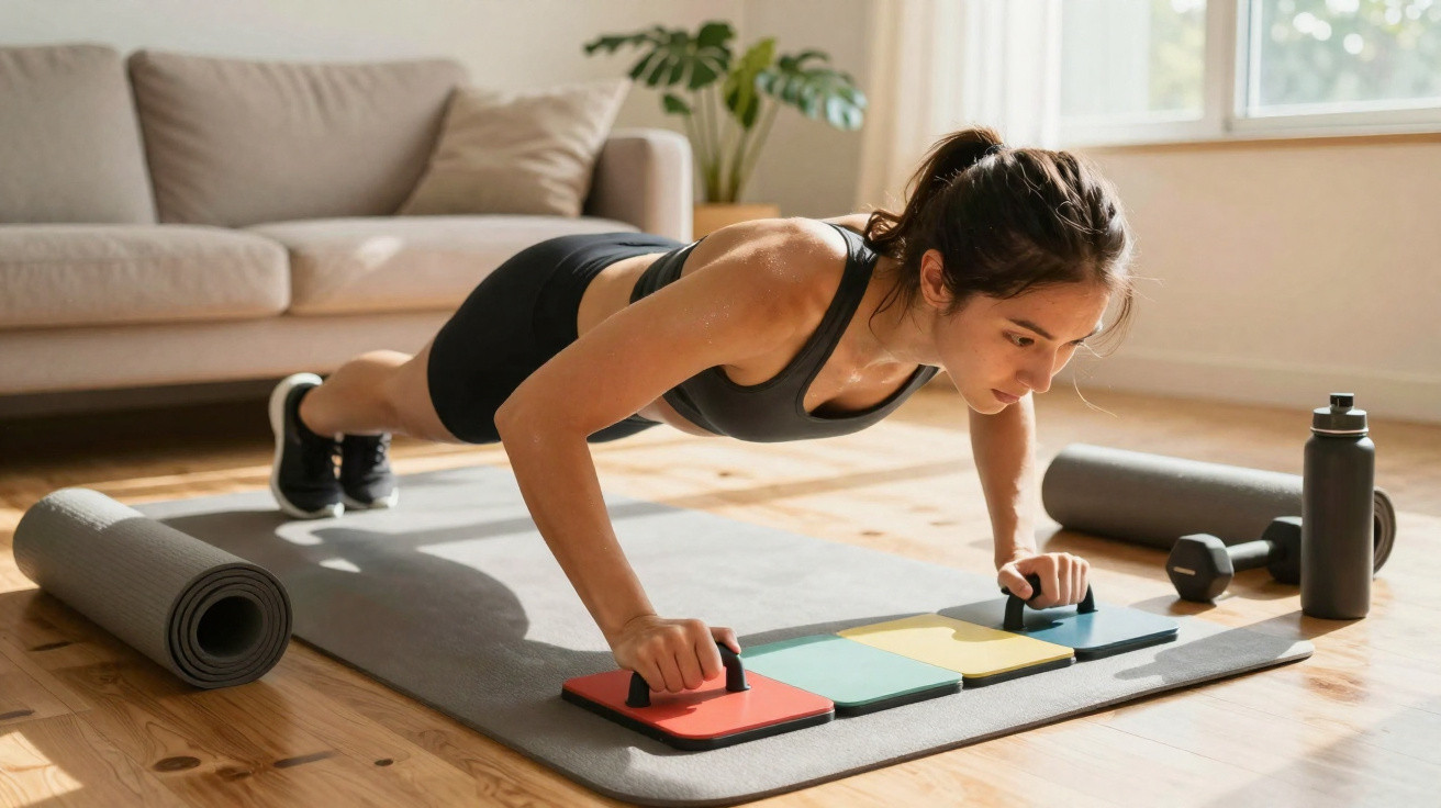 Mulher a fazer flexões em tapete de yoga em casa, com roupa desportiva e equipamentos ao lado.