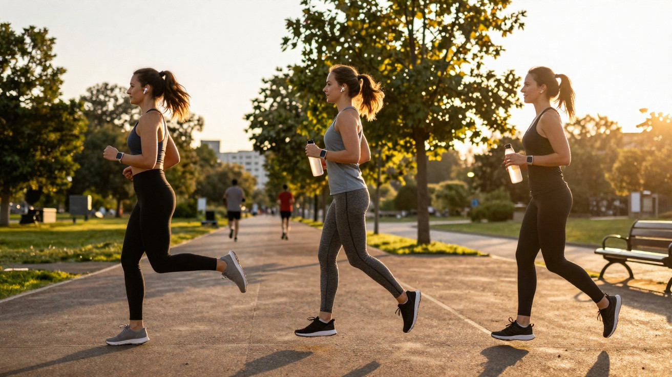 Três mulheres correndo num parque ao entardecer, com roupa desportiva e garrafas de água.