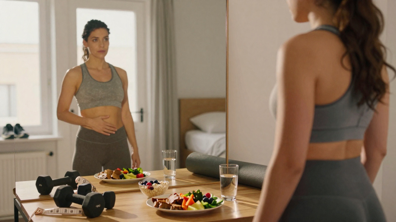 Mulher de roupa desportiva a olhar para o espelho, com pratos de comida saudável e pesos na mesa à frente.