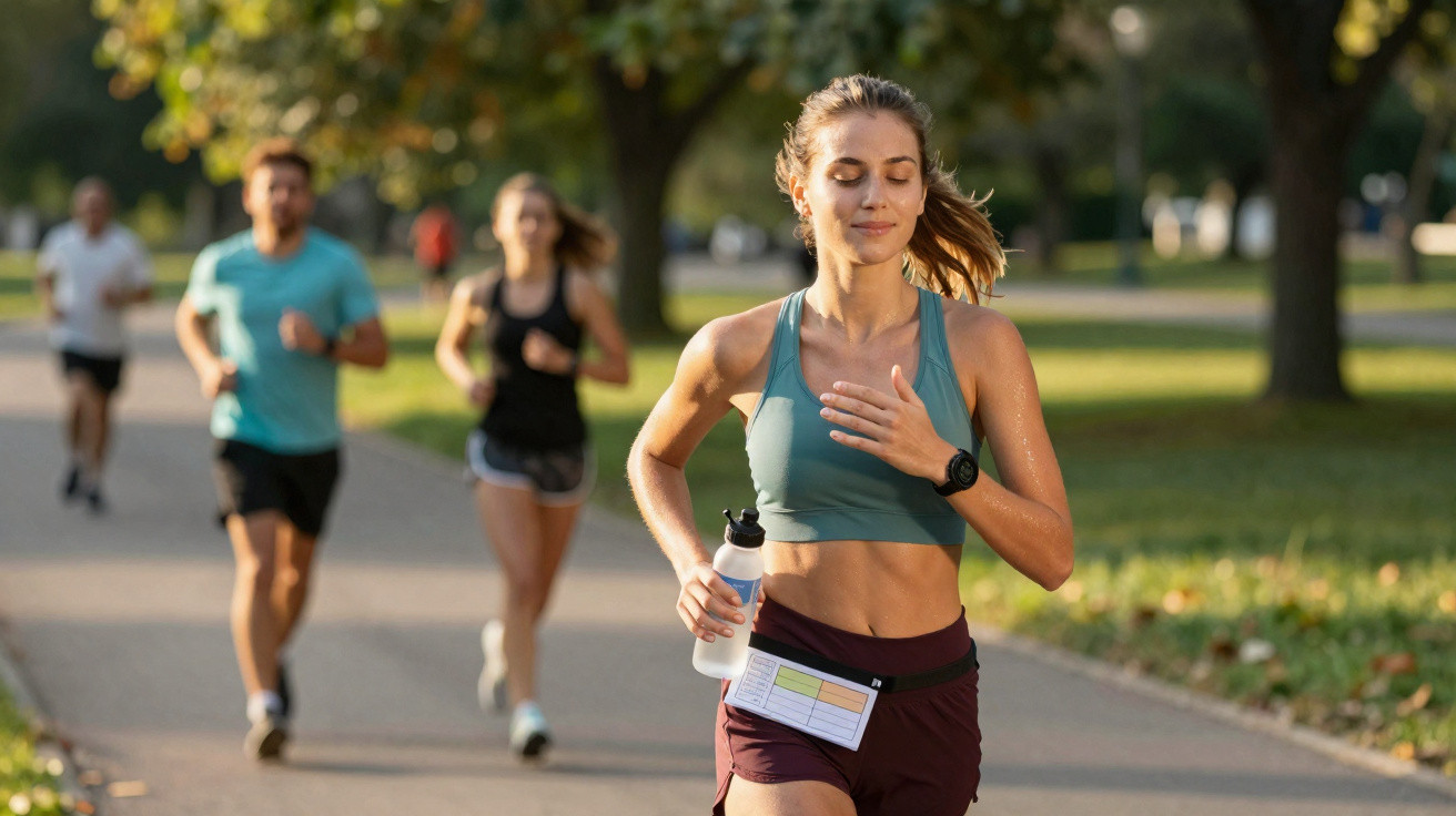 Mulher a correr num parque com garrafa de água na mão e outras pessoas a correr ao fundo.