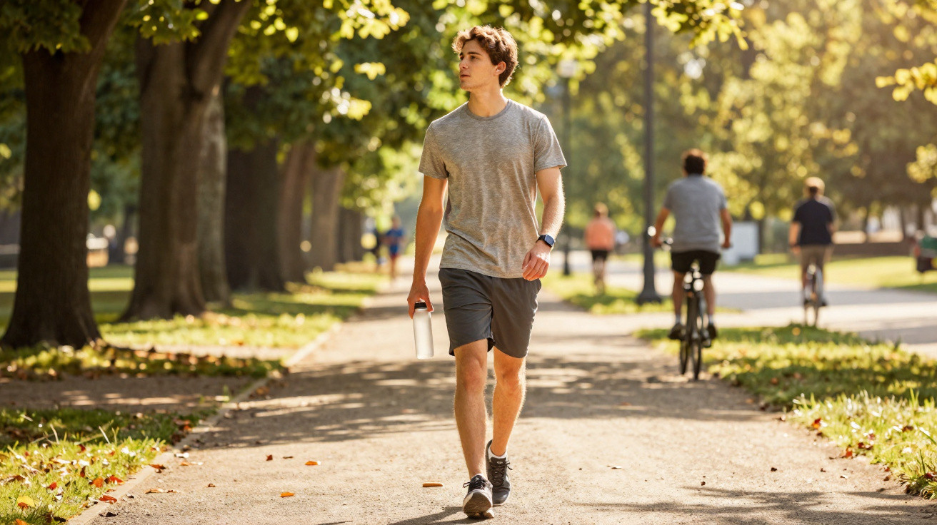 Jovem a caminhar num parque ensolarado segurando uma garrafa, com ciclistas ao fundo.