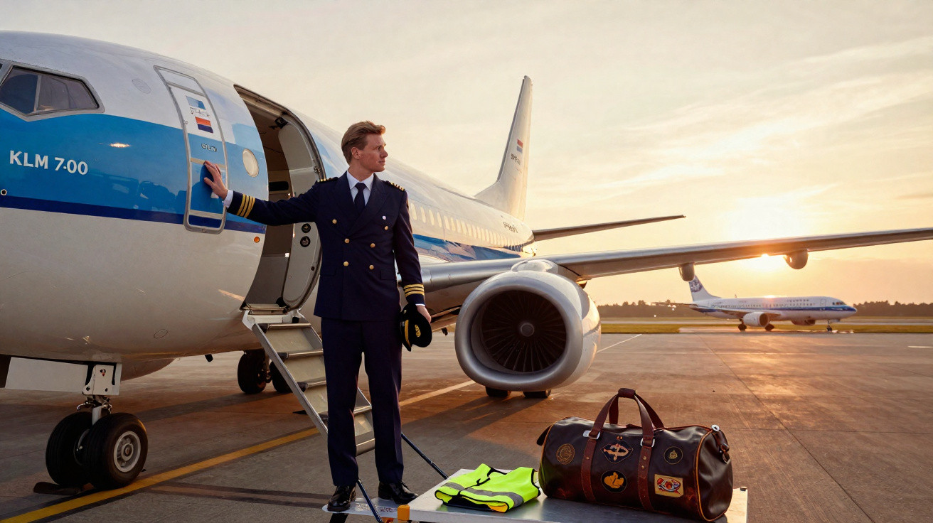 Piloto em farda junto à porta de avião no aeroporto ao pôr do sol com bagagem no chão.