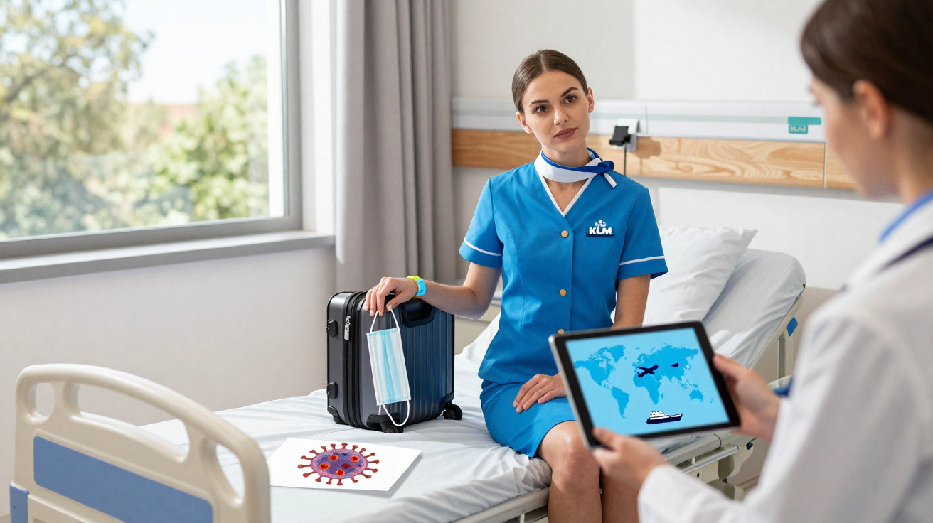 Comissária de bordo sentada numa cama de hospital com mala e máscara, médica consulta Tablet com mapa mundial.