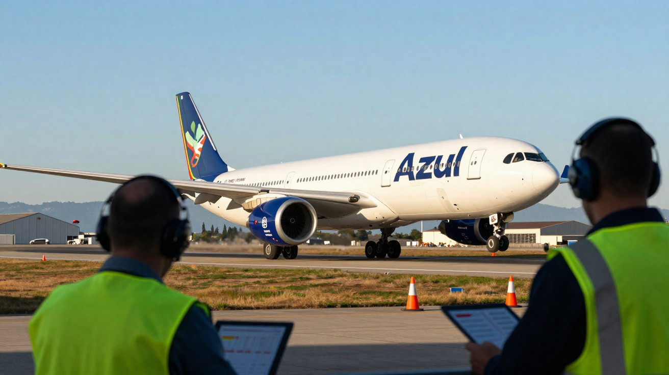 Avião da companhia Azul taxiando na pista com dois funcionários de colete amarelo a observar.
