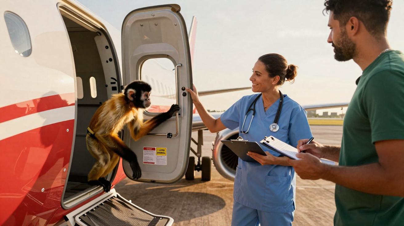 Macaco a sair de avião recebido por veterinária com prancheta e homem a observar numa pista de aeroporto ao entardecer.