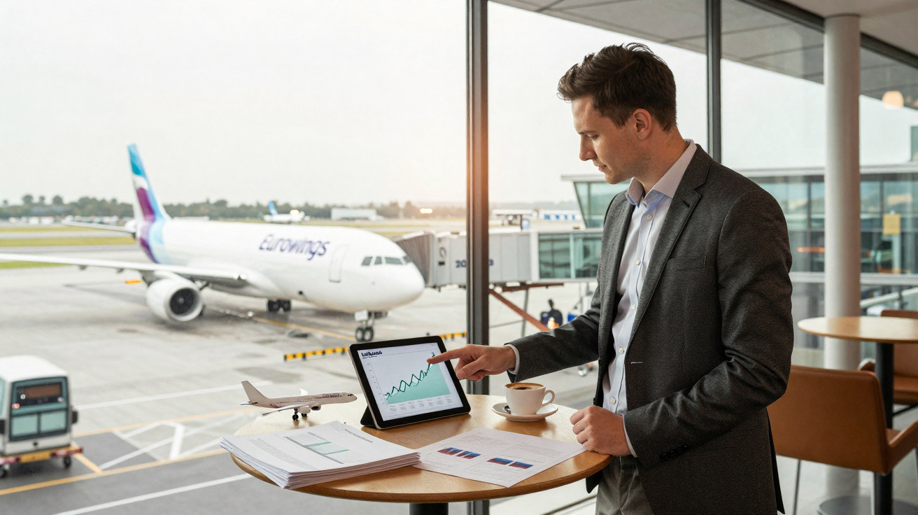 Homem de negócios no aeroporto analisa gráficos num tablet com avião Eurowings ao fundo.