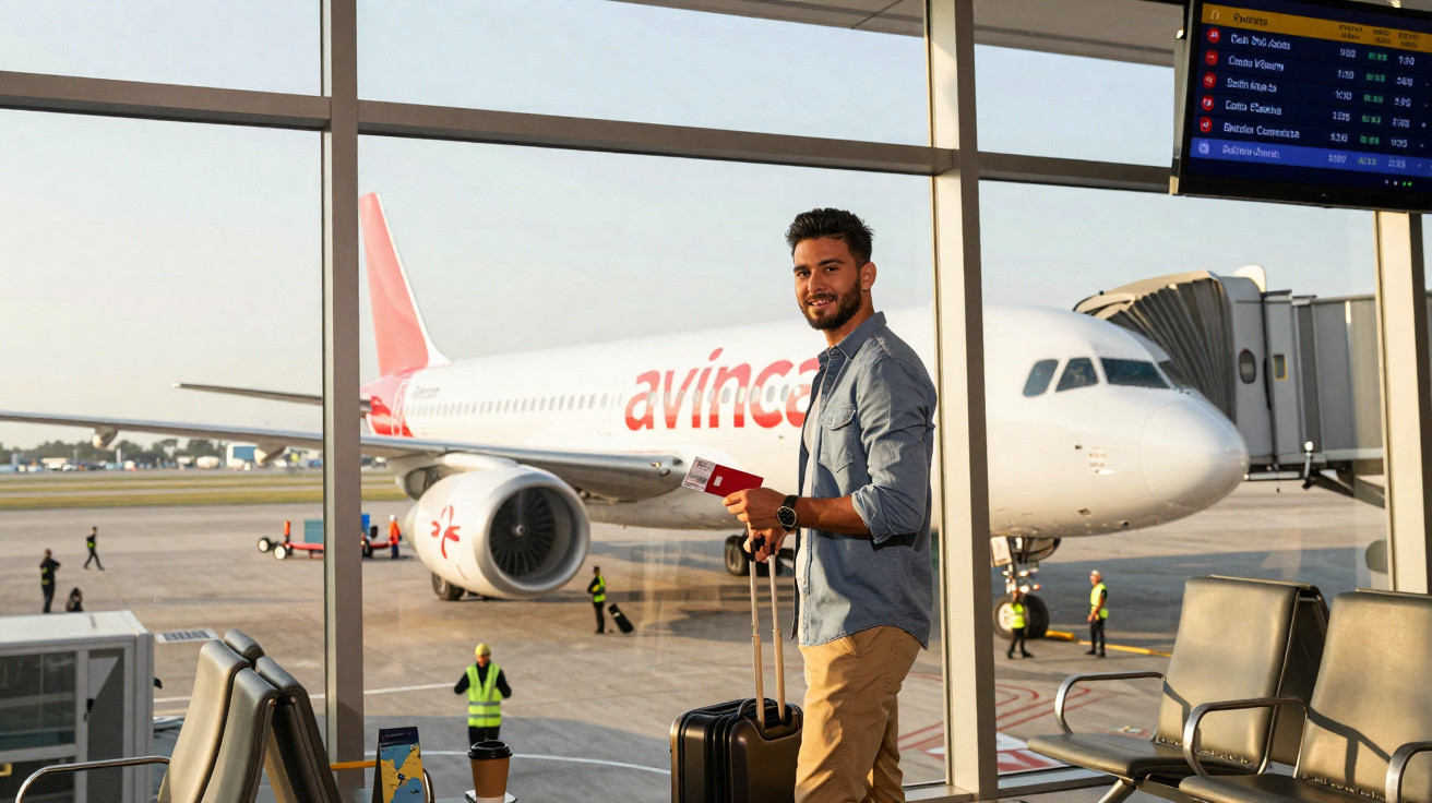 Homem com mala e passaporte na mão, na sala de embarque com avião Avinca ao fundo.