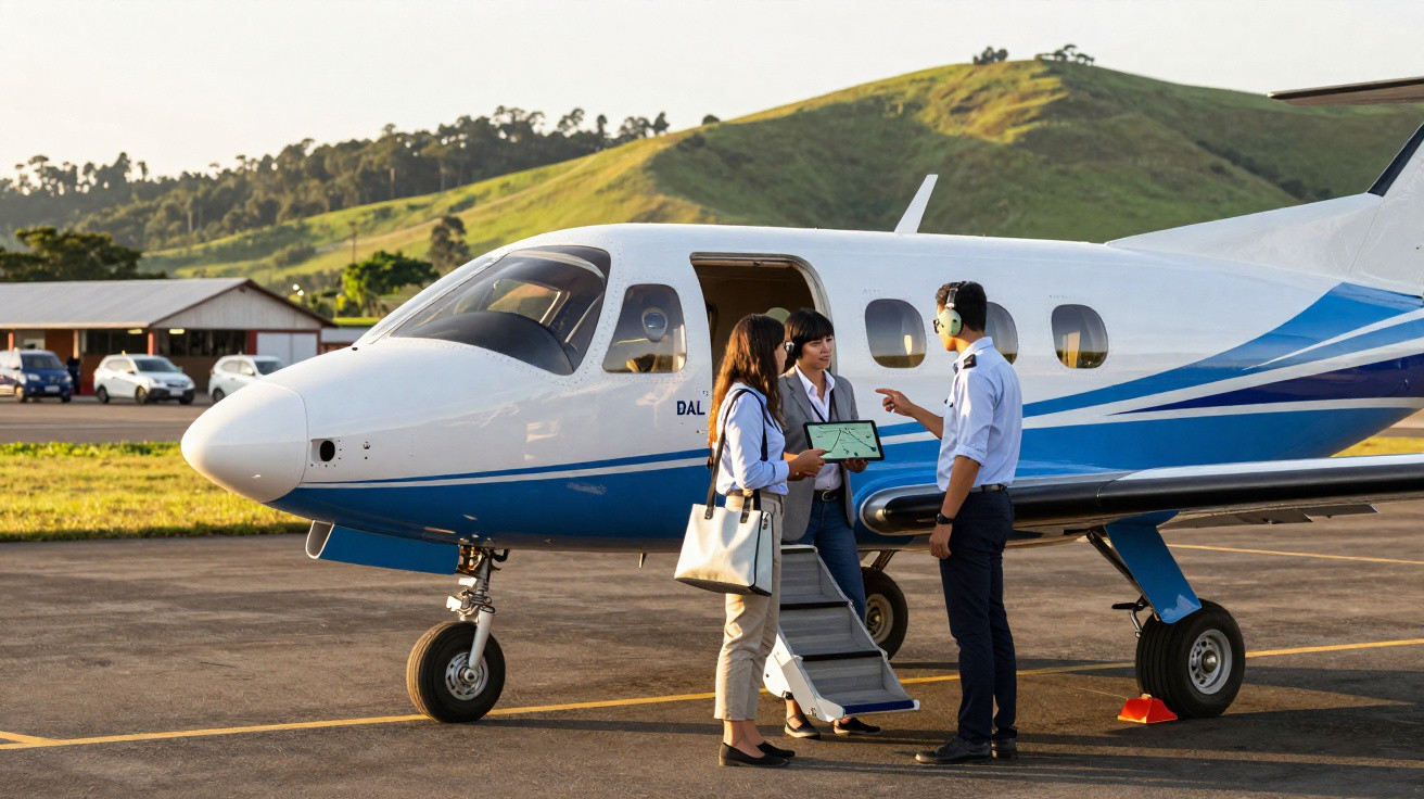 Três pessoas em conversa junto a um pequeno avião branco e azul numa pista, com colinas verdes ao fundo.