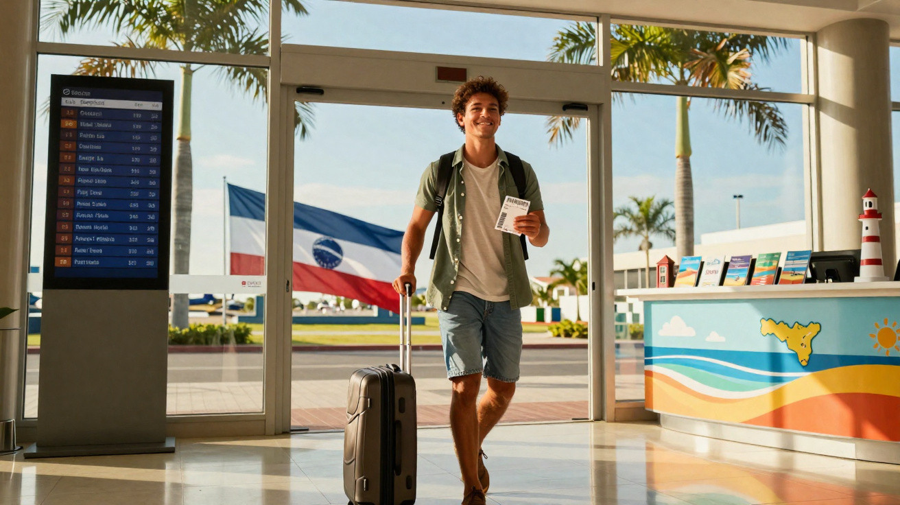 Jovem com mochila e mala, sorridente, a entrar num aeroporto com bilhete na mão e painel de voos ao lado.